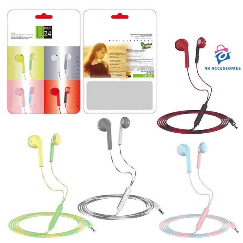Earphone Stereo U24 Macaron 2 tone Handsfree Extra Bass Earphone U24