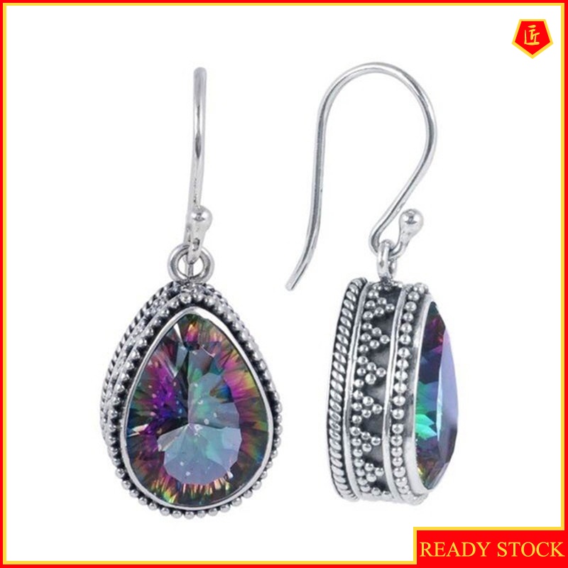 [Ready Stock]S925 Silver Vintage Rainbow Color Topaz Earrings