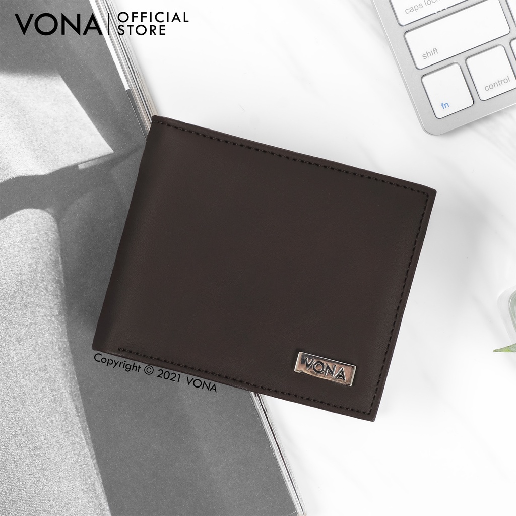 VONA Dompet Pria Lipat 3 Ruang Pendek Kulit PU Banyak Slot Kartu - Hitam Dark Brown - NOAH-2