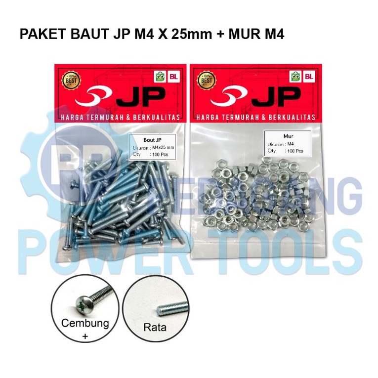 PAKET 2 SET BAUT MUR 4x25 BAUT JP M 4 x 25 MM MUR M4 SKRUP ISI 100 PCS