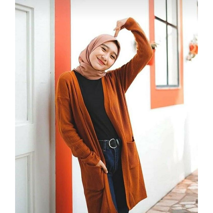 LONG CARDIGAN RAJUT WANITA || CARDY RAJUT || BELLE OVERSIZE / CARDI OUTER / CARDY POLOS-CORAL/BATA