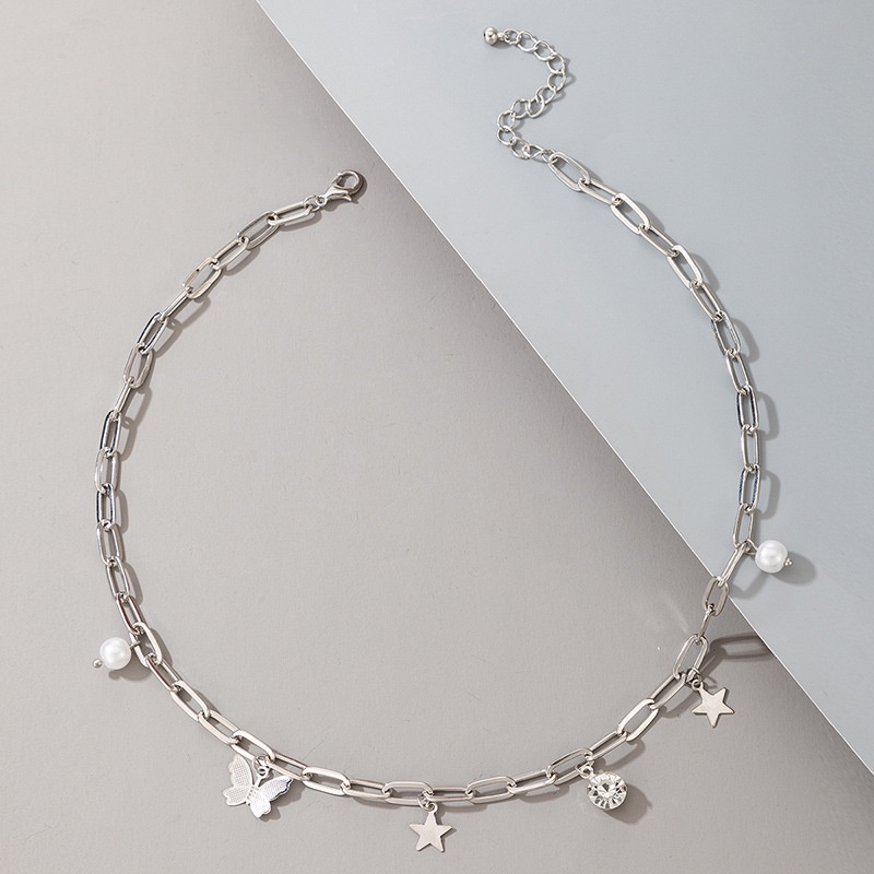 Kalung Rantai Klavikula Desain Butterfly Star Disk Single Layer Aksen Mutiara Berlian Gaya Hip Hop