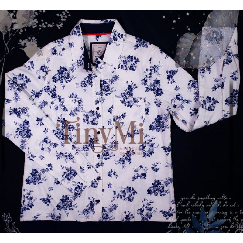 KEMEJA WANITA NEVADA ORI PUTIH MOTIF BUNGA WARNA NAVY