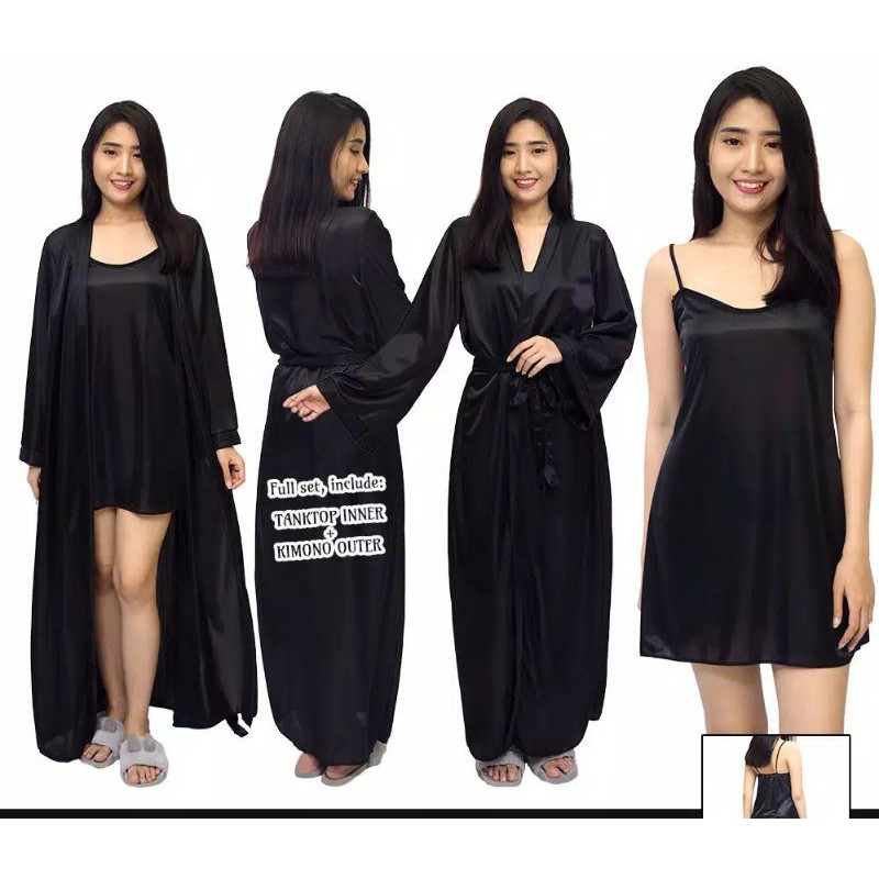 Kimono wanita sexy baju tidur satin inner pendek outer panjang hitam 1340BSET