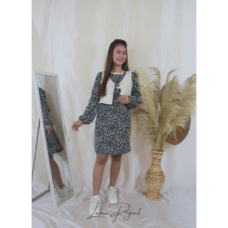 Dress Korea Modern Vintage Motif Floral Bonus Rompi Katun Murah Tunik