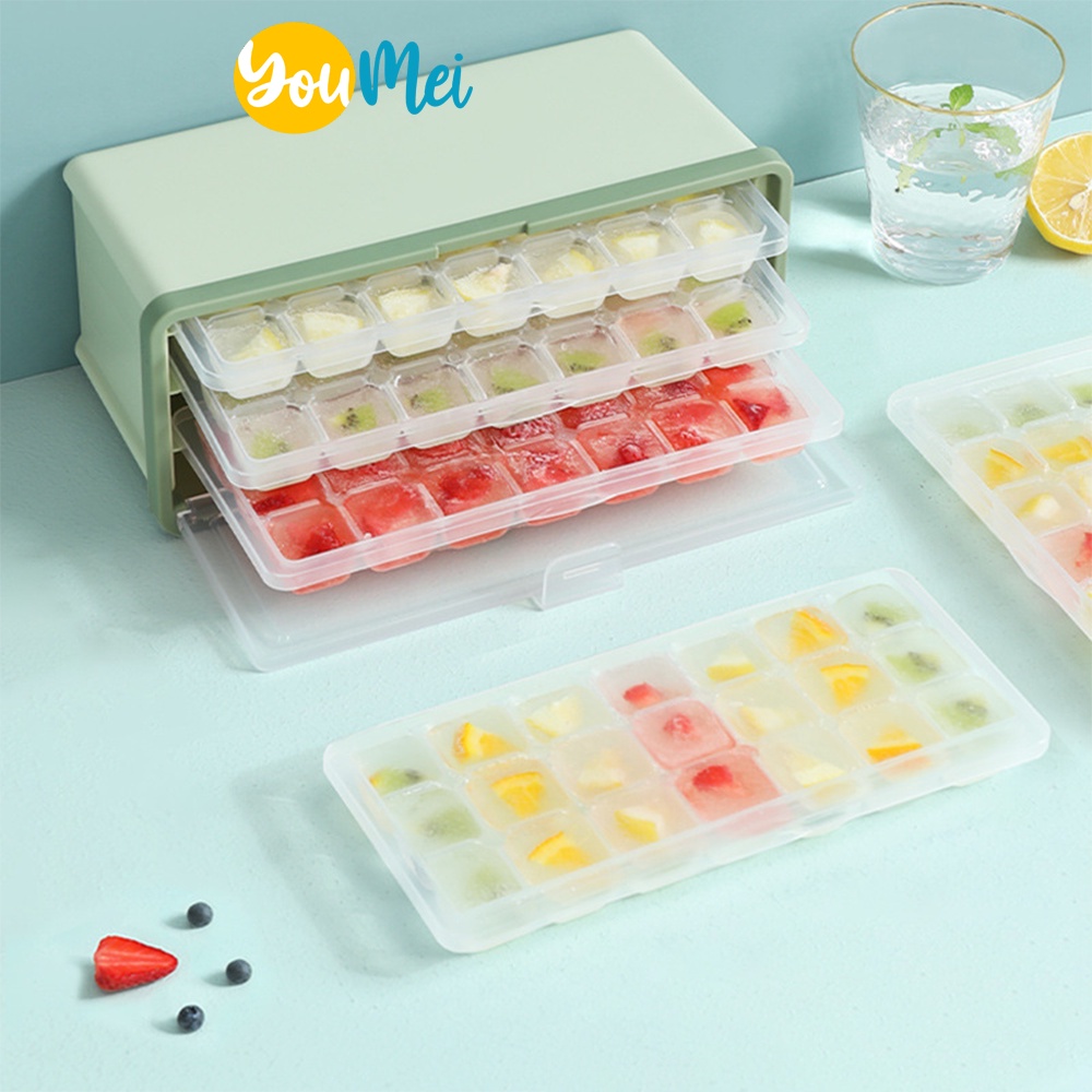 Plusone Cetakan Es Kecil 3 Tingkat / Susun - Silicone Inggris Silicone Indo Ice Cube  Tray Portable Travel dengan tutup -1235