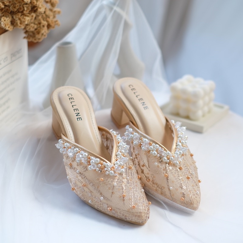 CELLENE Brenda Beads Heels (2warna) / wedding shoes sepatu pengantinbrukat payet putih heels 5cm