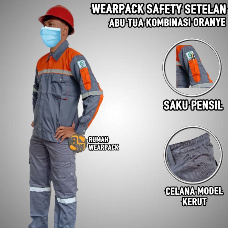 Setelan Wearpack dan Celana Warna Abu Tua Kombinasi Oranye