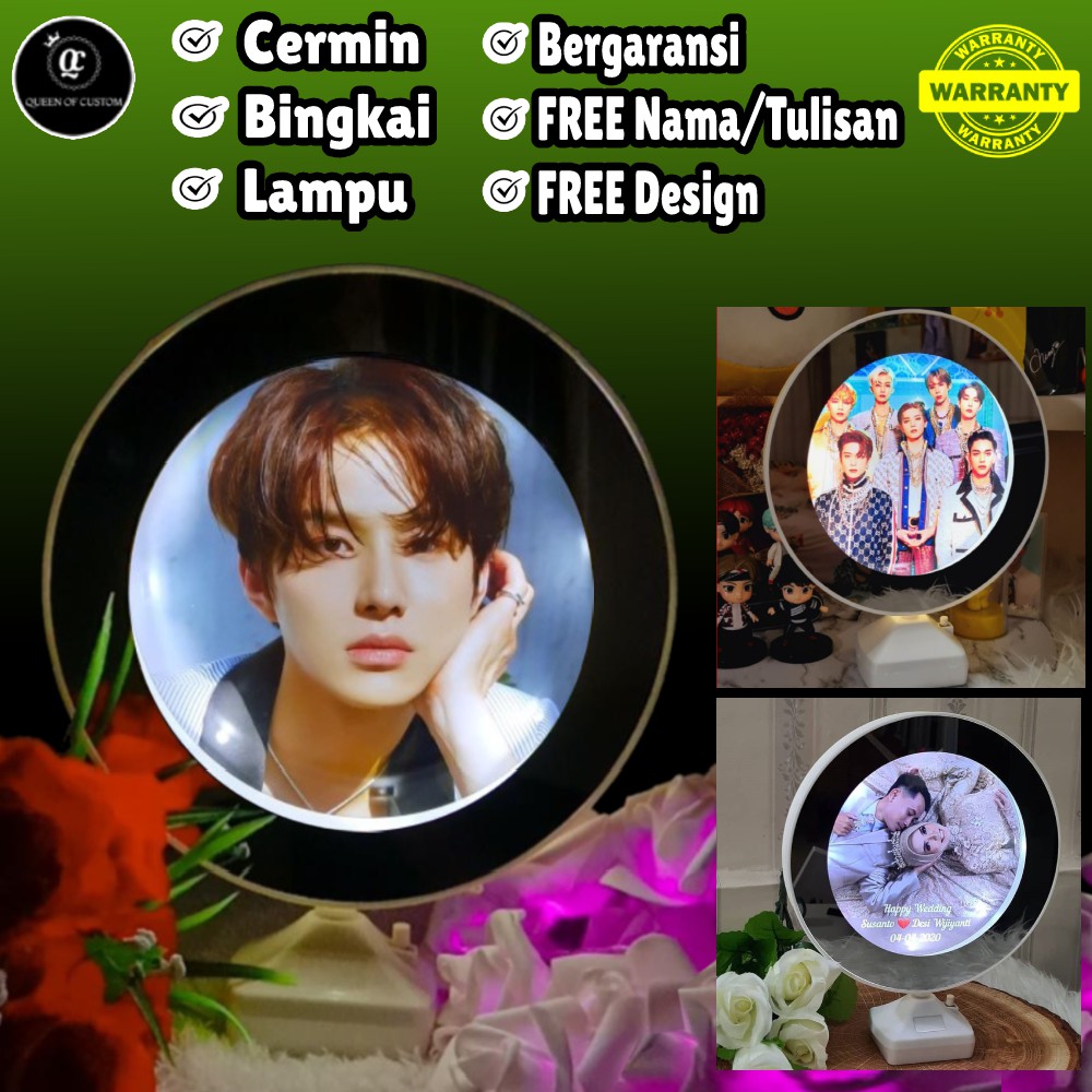 Cermin Custom + Bingkai Foto + Lampu Kamar Tidur Meja Dekorasi Moonlight LED Bulat Aesthetic Hadiah 