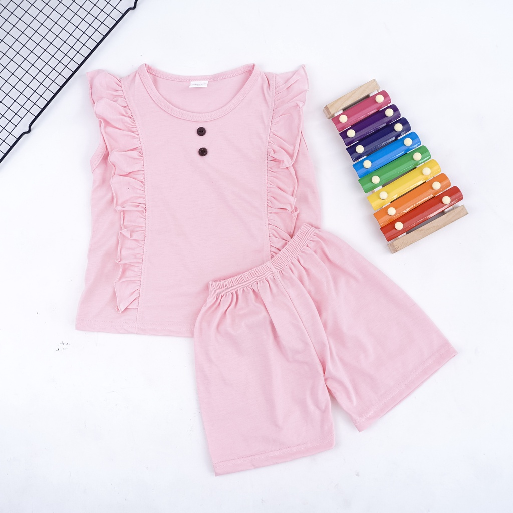 VS - SET IVE KANCING ANAK PEREMPUAN RUFFLE | SETELAN BAJU ANAK LENGAN BUNTUNG CELANA PENDEK 1-5 THN