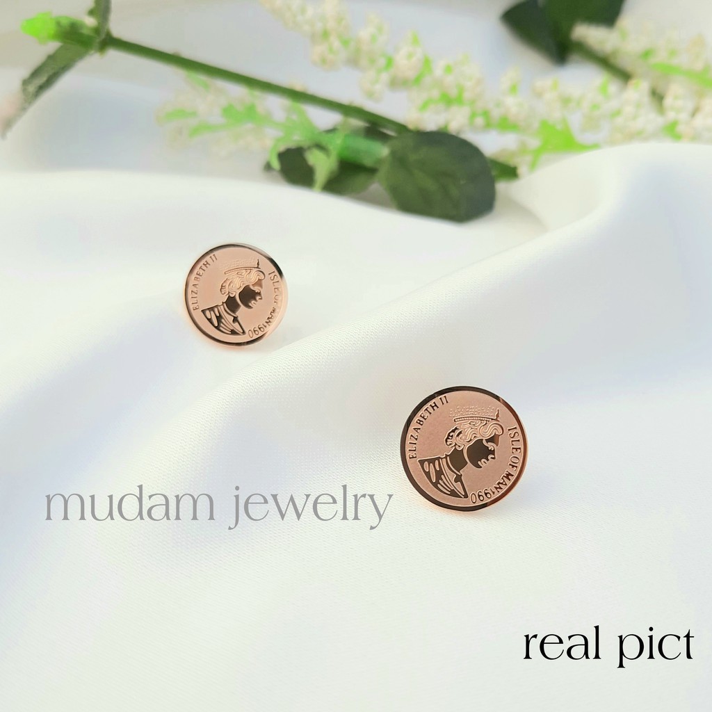 Anting Tusuk Titanium Vintage Queen Coin Tersedia Warna Rose Gold dan Gold