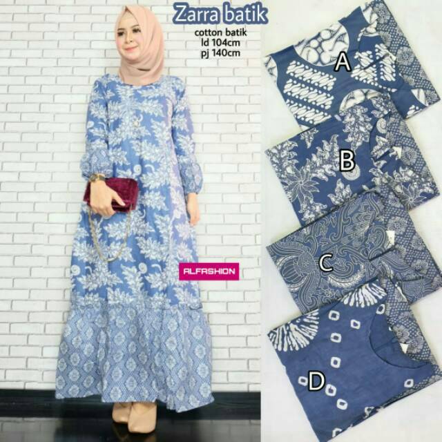 Gamis Zarra Batik Monochrome Monoblue parang Motif Daun Coin Jumputan Bola Zara Sof Longdress Rampel