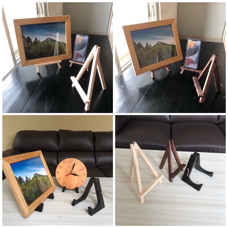 stand kayu 26x16  tripod kayu standing pigura frame souvenir jam kayu sandaran table hp