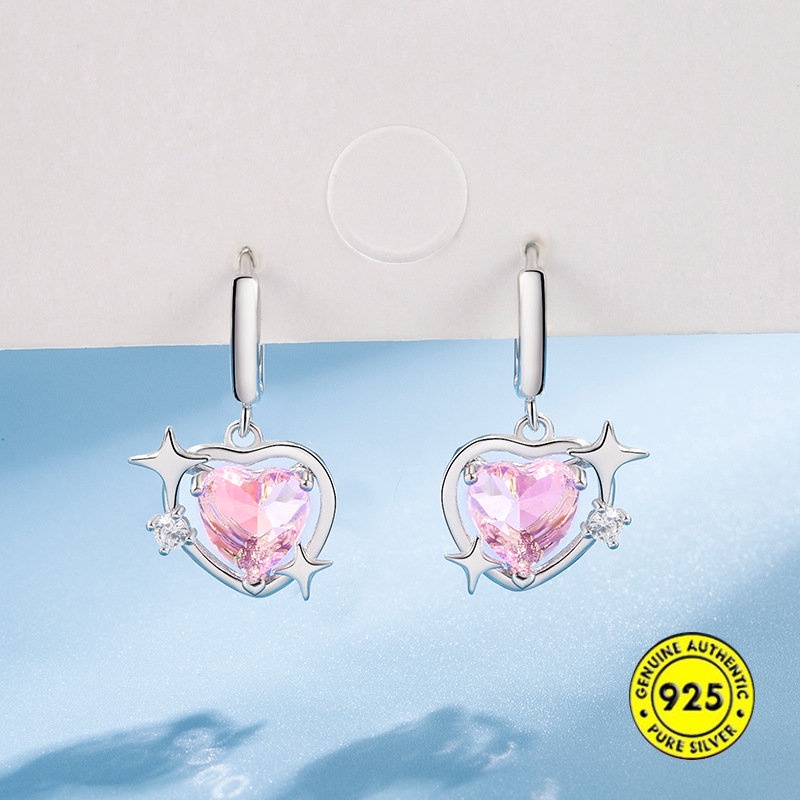 Anting Tusuk Sterling Silver 925 Desain Hati Hollow Hias Berlian Pink Untuk Wanita U933