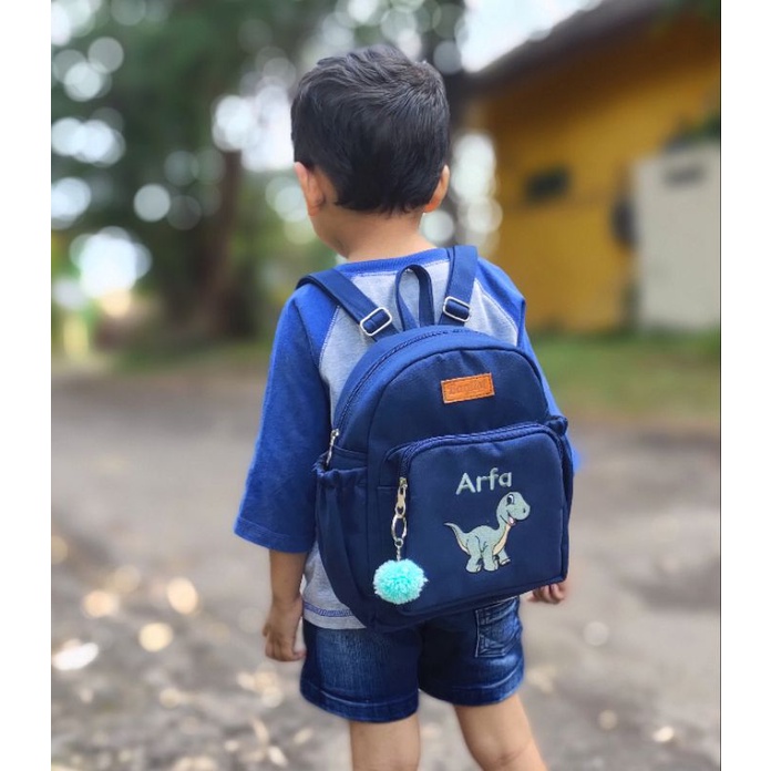 (Backpack Anak Kids) Baglist Navy Biru Dongker tas ransel custom bordir nama gambar paud tk sekolah dino gajah