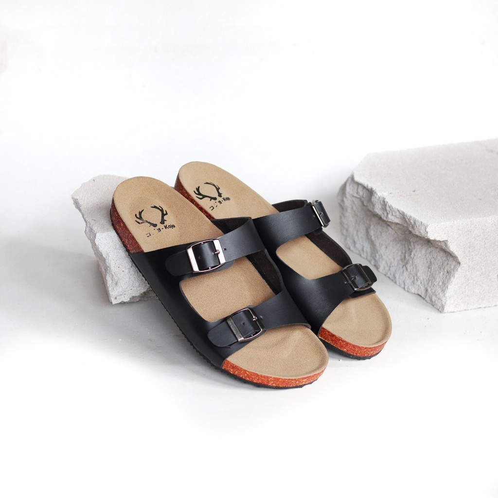 KOJO x HIRO 2 - Sandal Casual Slide Pria Slop Cowok Santai Gaya Distro Kulit PU Coklat Hitam Navy Original KOJO HIRO 02