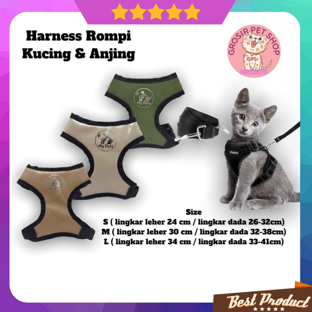 Rompi harness kucing anjing motif + tali tuntun kualitas premium baju kucing model rompi
