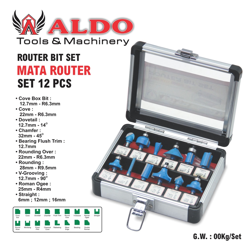 MATA ROUTER BIT SET 12 PCS BOX ALLUMINIUM / ROUTER BIT SET MERK ALDO