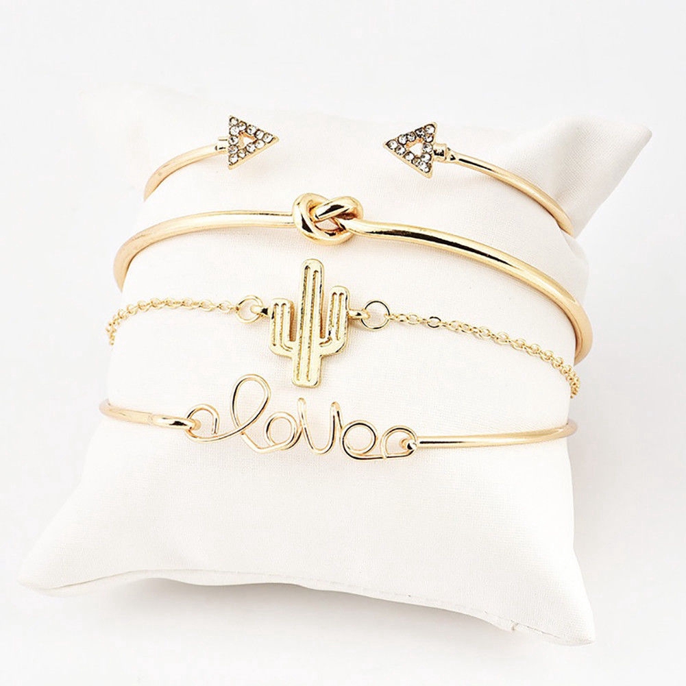 4Pcs/Set Women Gilr Gold Triangle Knot Love Cactus Opening Bangle Chain Bracelet