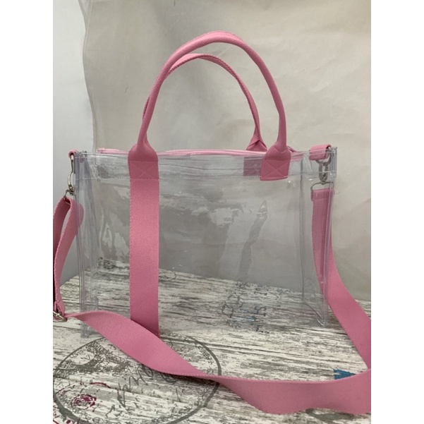 Tas Tote Mika Transparant PVC Fashion Dengan Resleting Hampers 36x10x25