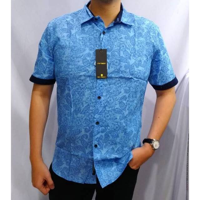 Salt n Pepper Batik Kemeja Pria Pendek Original Semi Slimfit Motif Gajah n Pesley Biru