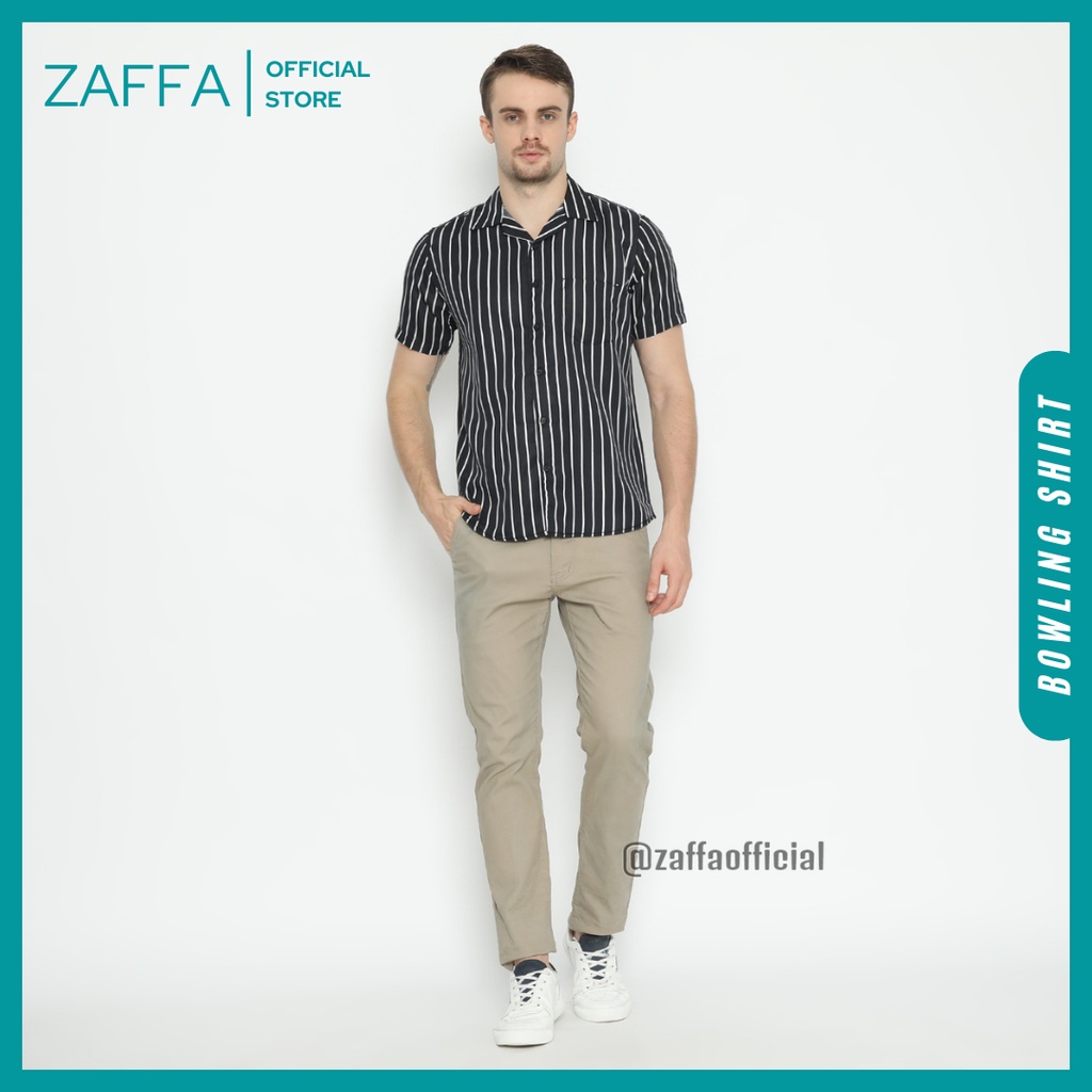 Zaffa Kemeja Salur Pria Lengan Pendek  Kerah Pantai Katun Motif Stripe Garis Hitam Bowling Shirt Unisex Z-1001