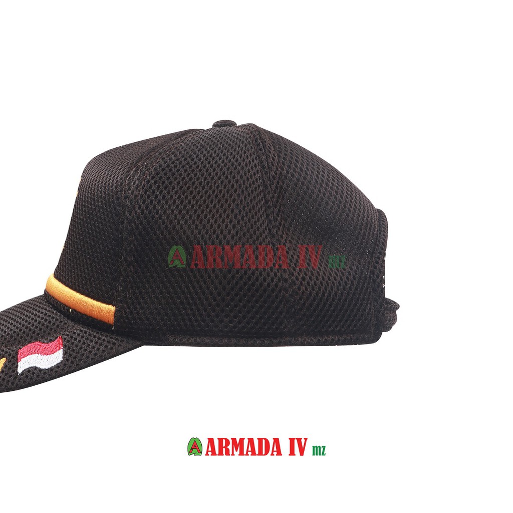 Topi Satpam Security Coklat MP Logo Jaring Jala List Kuning