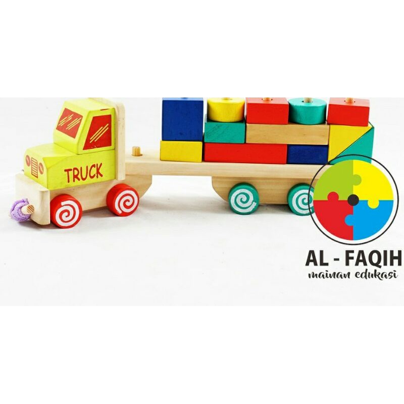 Mainan Edukasi Anak dari Kayu Susun Balok Truk Kontainer Pelangi