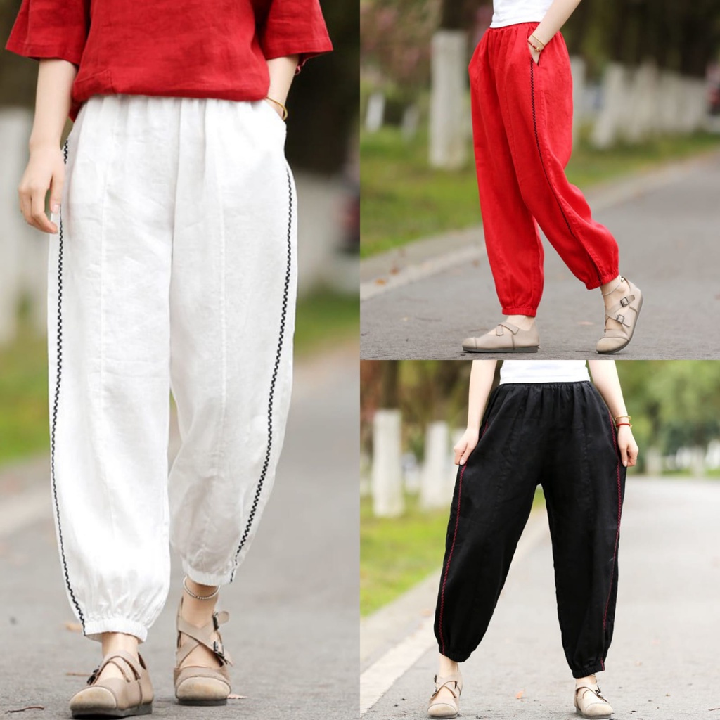 Celana Joger Wanita Murah Kekinian/Celana Joger Cewek Dewasa / Joger Linen List Samping / Celana Wan