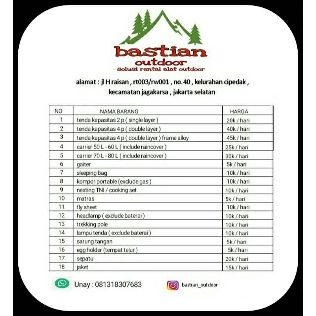 Rental peralatan camping/outdoor