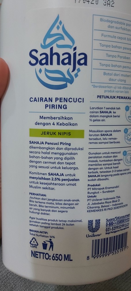 Sahaja Sabun Cuci Piring 720 Ml Plus Hadiah & Kemasan Botol 650 Ml