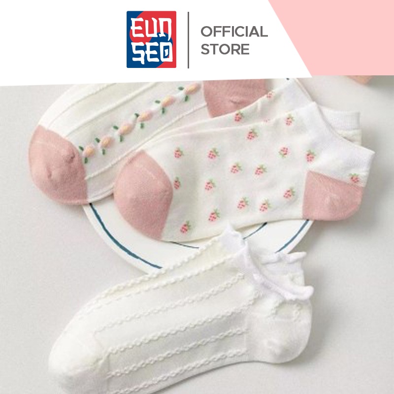 EUNSEO Kaos Kaki Mata Kaki Wanita - Fashion Korea Motif Putih Pink Soft Premium