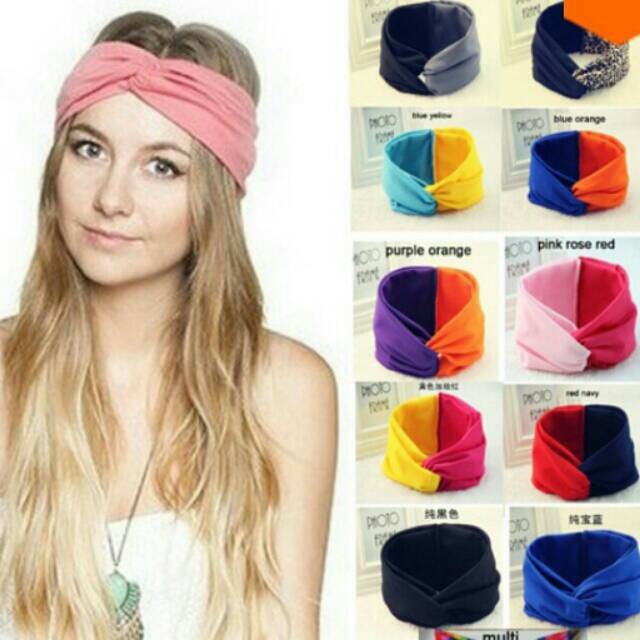 BANDANA SIMPUL SILANG KOREA MOTIF 2 WARNA / BANDANA KOREA POLOS