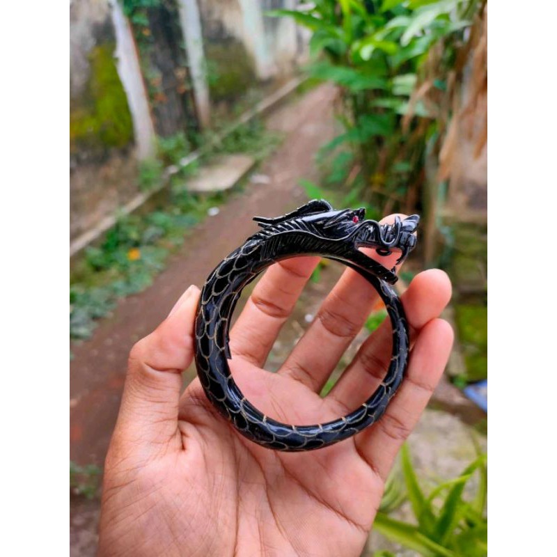 gelang kayu kesehatan akar Bahar hitam lentur ukir naga tanpa sambungan full sisik