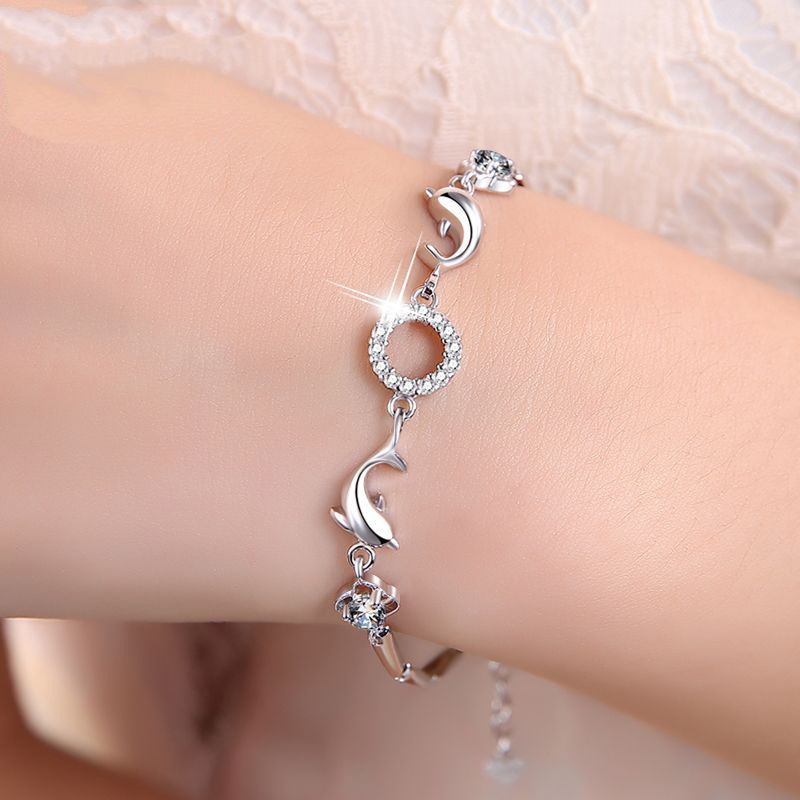 Set Gelang Zircon Desain Lumba-Lumba Bahan Stainless Steel 925 Lapis Silver