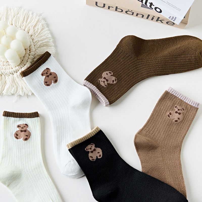 [littlecrab] Kaos Kaki Teddy Bear Panjang Coklat Hitam Panjang Women Socks Import Kaos Kaki Beruang Berkualitas Korean Style