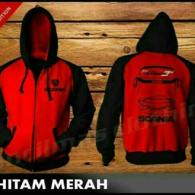 Jaket Zipper Hoodie Scania JetBus 2Shd warna Merah Hitam
