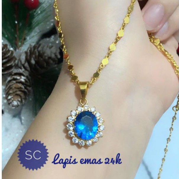 (AGS) Set Perhiasan Lapis Emas 24 Karat Xuping Kalung Liontin Permata Biru Gold Mewah Titanium Asli