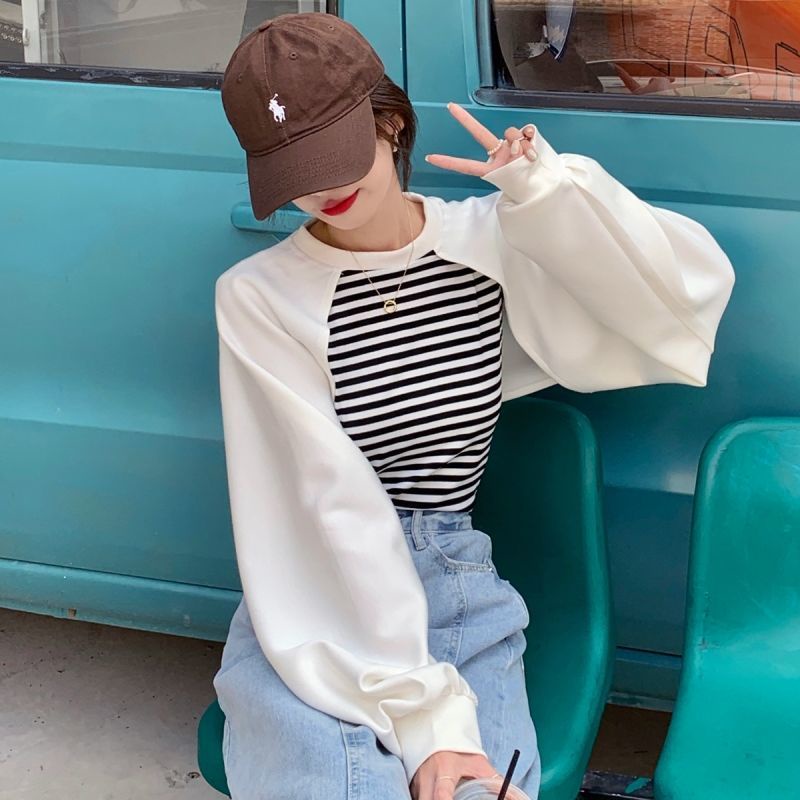 #Sisjuly# Wanita Gaya Korea Temperamen Jahitan Bergaris Palsu Dua Potong Sweater Wanita Musim Gugurm dan Musim