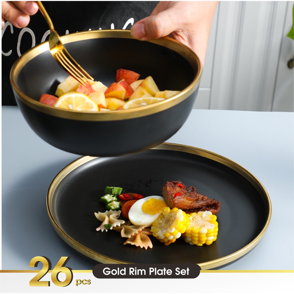 Set 9 &amp; 26 PCS Piring Mangkok Makan Hitam Keramik Pinggiran Emas Cantik Ceramic Mewah Western Steak Gold Rim Plate