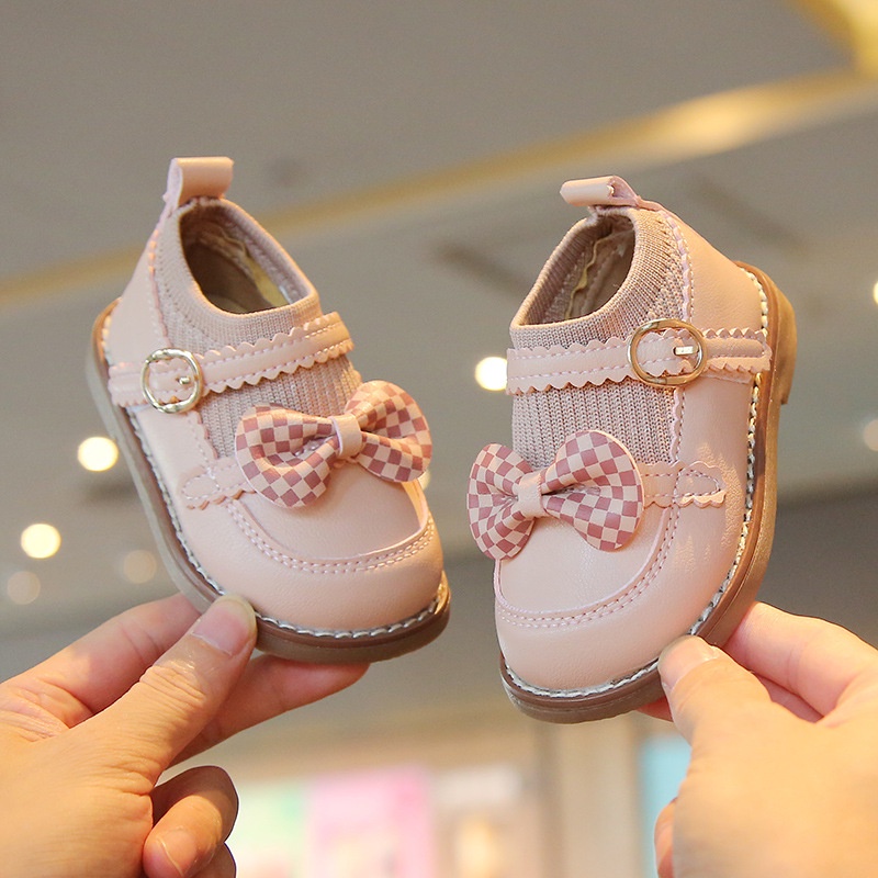 D78 NEW Sepatu anak perempuan motif pita kotak-kotak