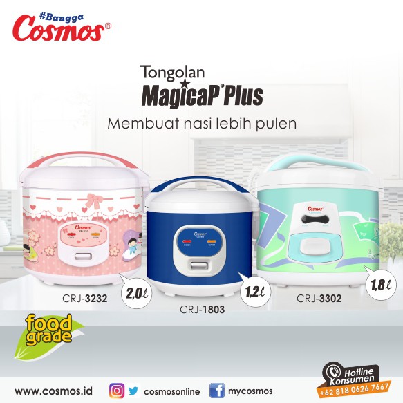 Cosmos CRJ1803 Rice Cooker Mini / Magic Com Kecil 1.2 Liter 3 in 1 Bonus Gelas Ukur dan Sendok Nasi