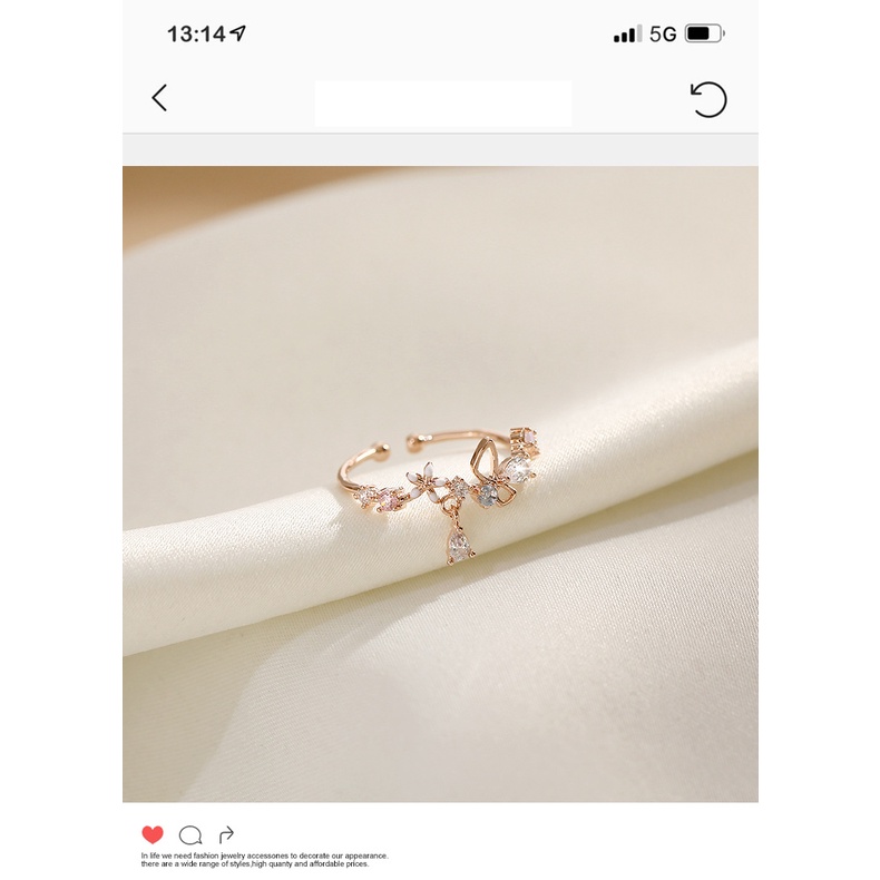 Cincin Model Terbuka Adjustable Desain Bunga Dan Kupu-Kupu Aksen Zircon Gaya Korea