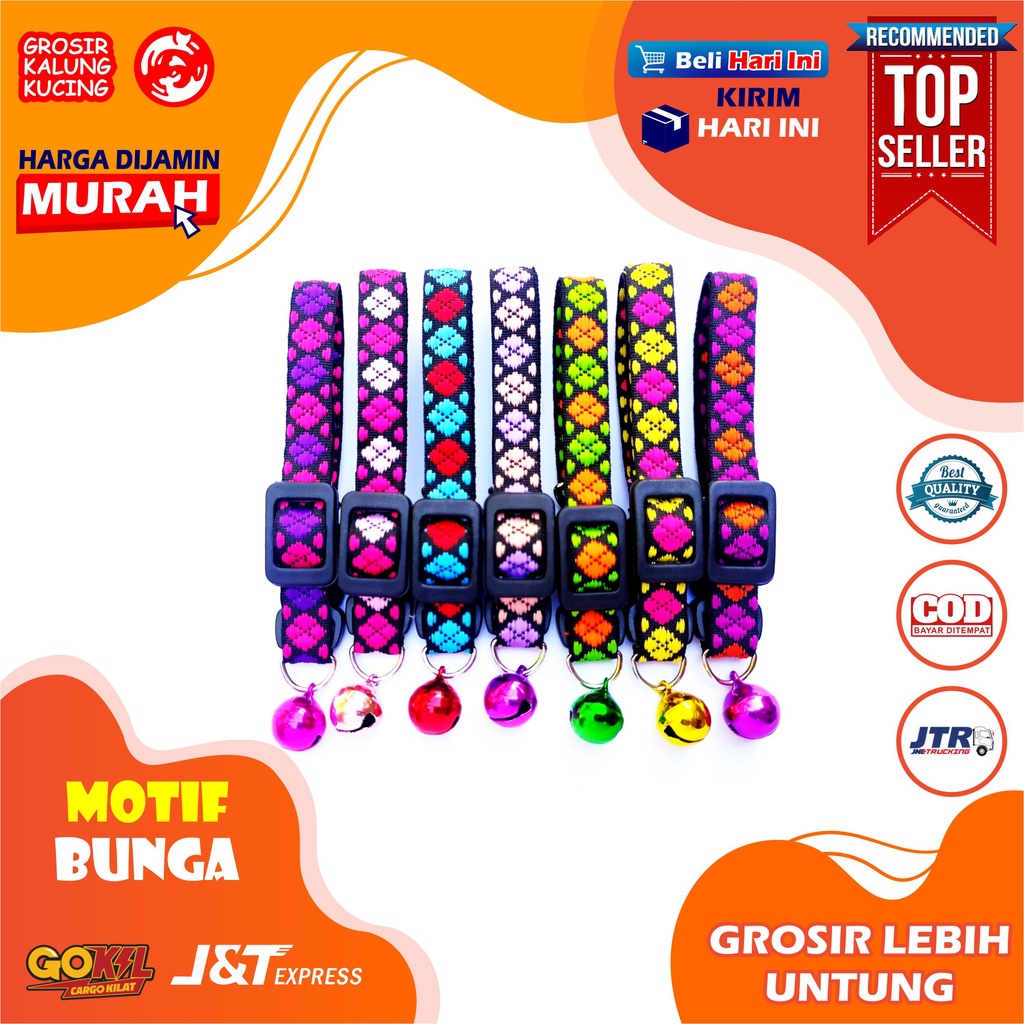 [LONCENG BESAR] KALUNG KUCING 1 LONCENG JUMBO 14MM MOTIF BUNGA ( Kelinci Musang dan Anjing kecil ) Aneka Warna - Kalung Hewan Peliharaan Warna Warni Tersedia Aksesoris Karakter Motif Bunga Jejak Kulit Premium GROSIR TERMURAH , BISA COD ( BAYAR DITEMPAT )