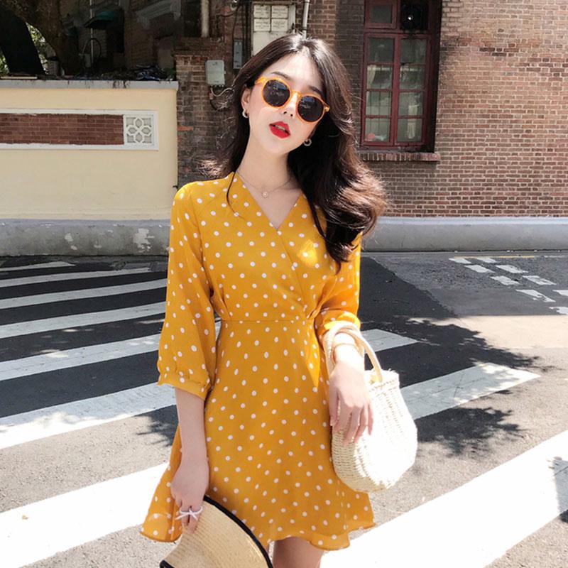 Korean chic loose slim short chiffon dress yellow Wave 