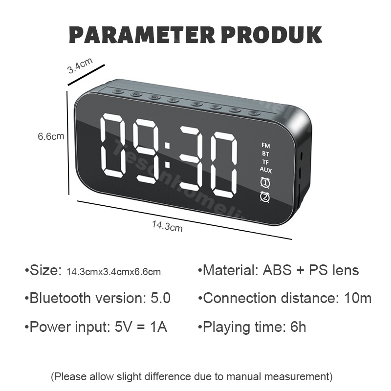 Jam Speaker Bluetooth [Tipe A] Alarm Clock LED Display Mirror Wireless