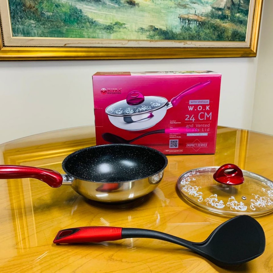 Supra Stainless Stir Wok Non Stick 24cm Marbell + Tutup Kaca. Induksi