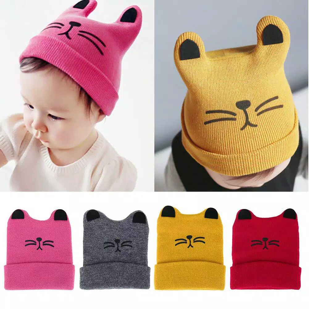 Topi kupluk balita motif kucing lucu imut baby hat-PURANGSAKATO_SHOP