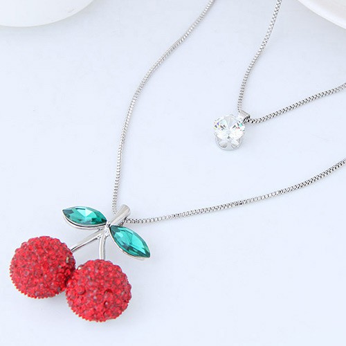 LRC Kalung Sweet Red Cherry Shape Pendant Decorated Double Layer Necklace A47573