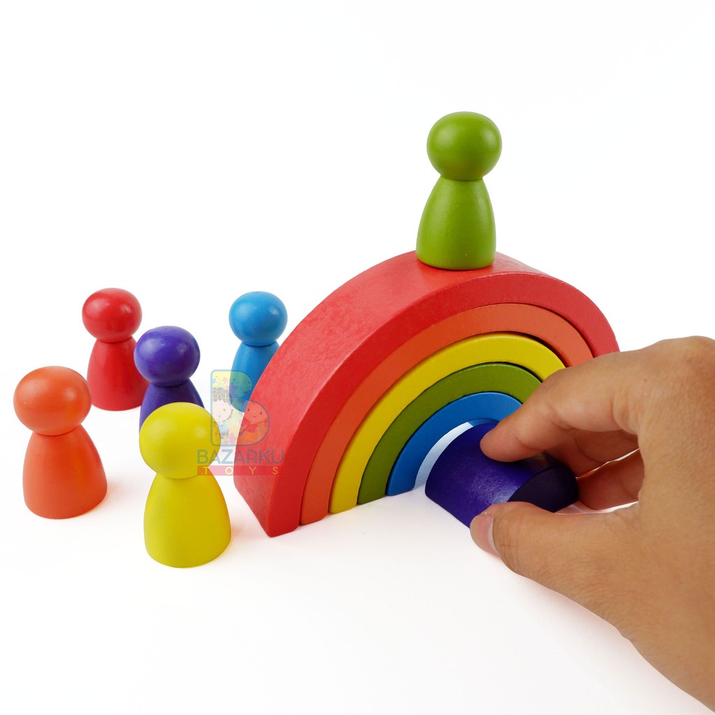 Rainbow Stacking Blocks Wooden Balok Susun Mainan Kayu Mainan Balita Balok Kayu Wooden Toys Wooden Puzzle